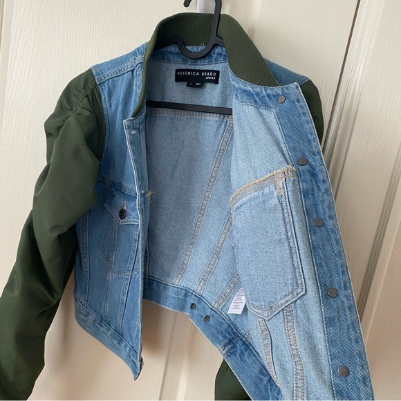 $498 NWOT Veronica Beard Emelia Denim Paneled Ruched Sleeves Bomber Jacket sz S - Picture 12 of 13